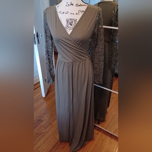 Women's Fall Floral Lace Long Sleeve Faux Wrap V Neck Maxi Dress-Navy Green - Picture 7 of 8